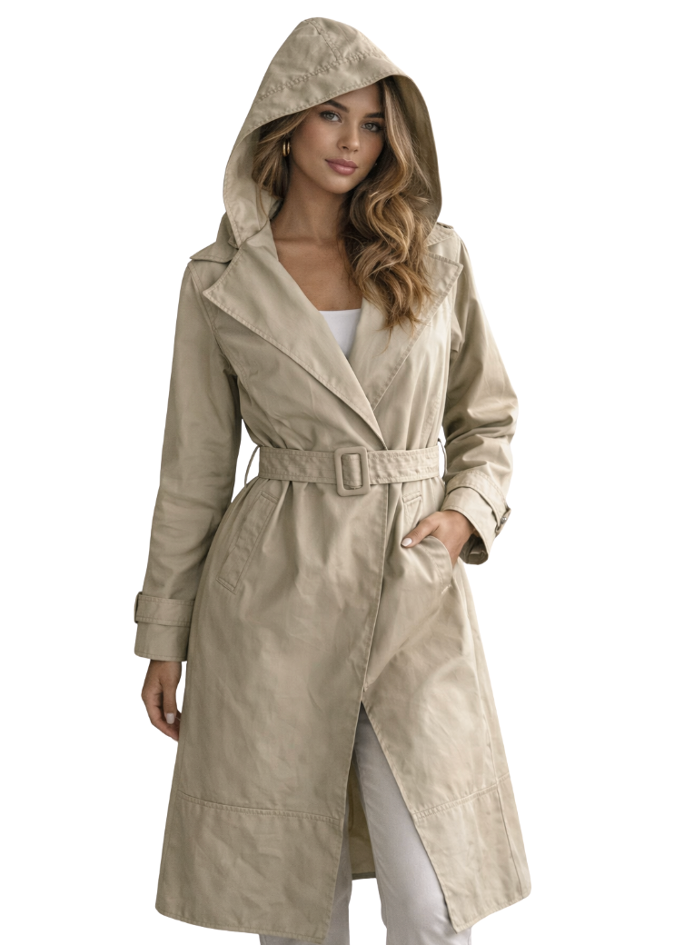 Hooded Trench Coat in Sand - 11053