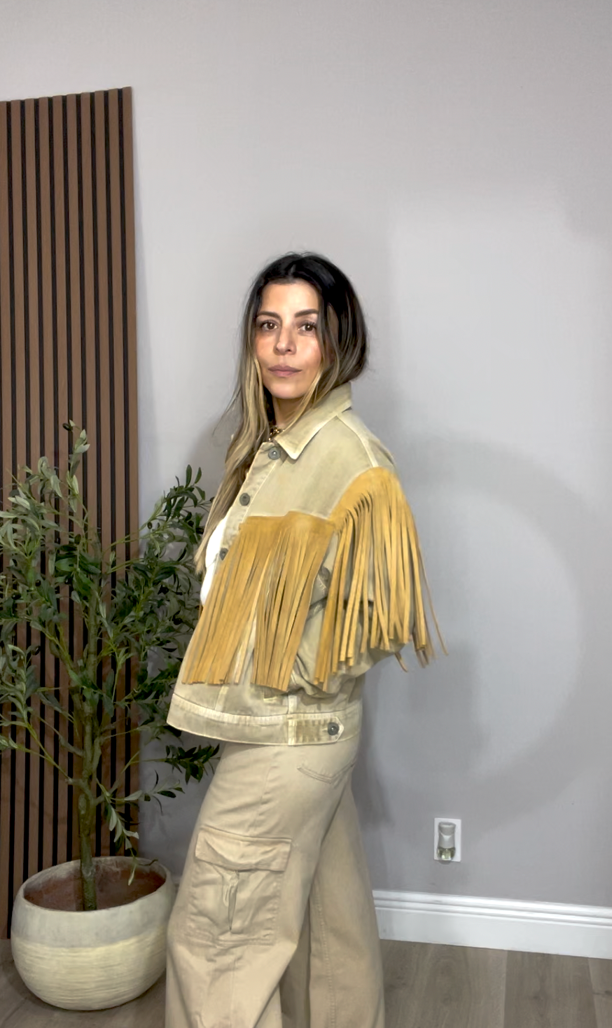 Western-Inspired Fringe Denim Jacket | Sand/Tan - 32875