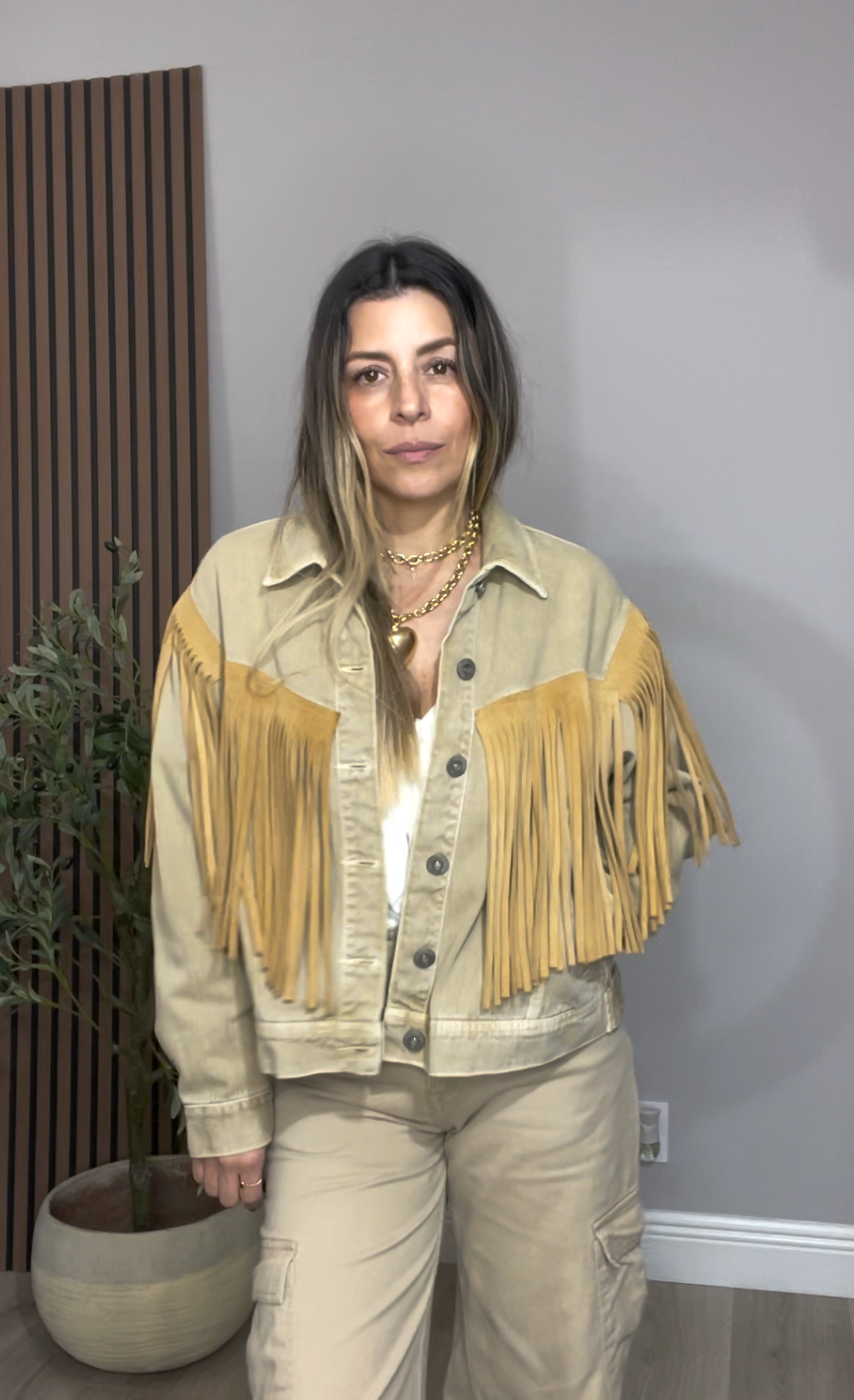 Western-Inspired Fringe Denim Jacket | Sand/Tan - 32875