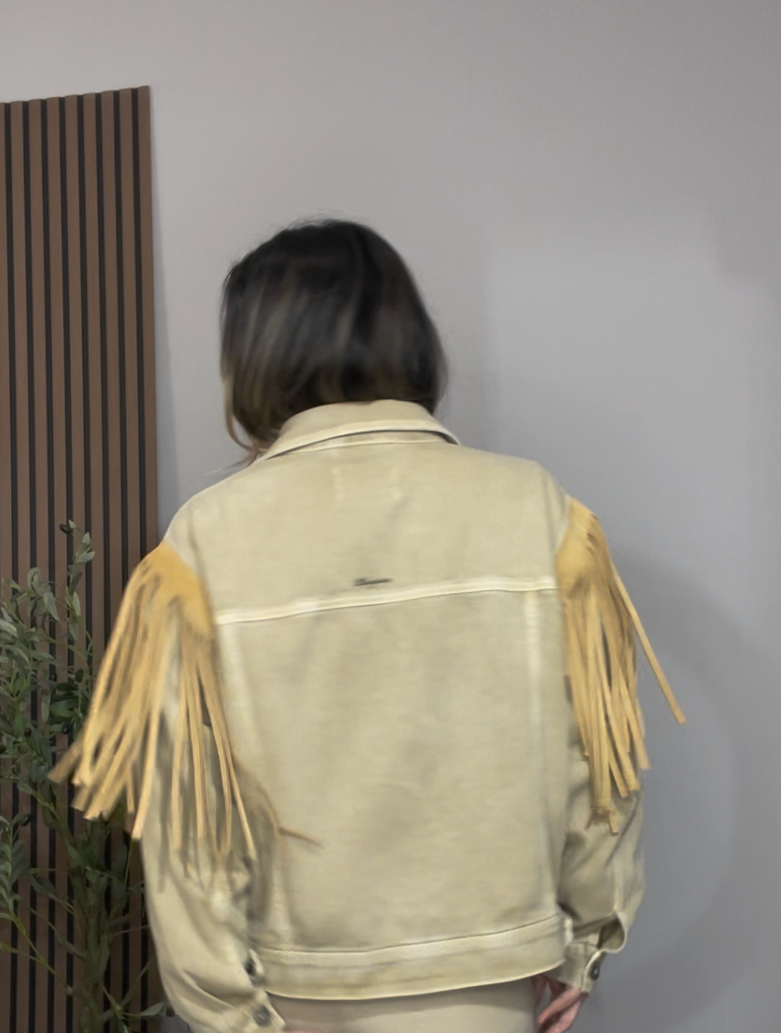 Western-Inspired Fringe Denim Jacket | Sand/Tan - 32875