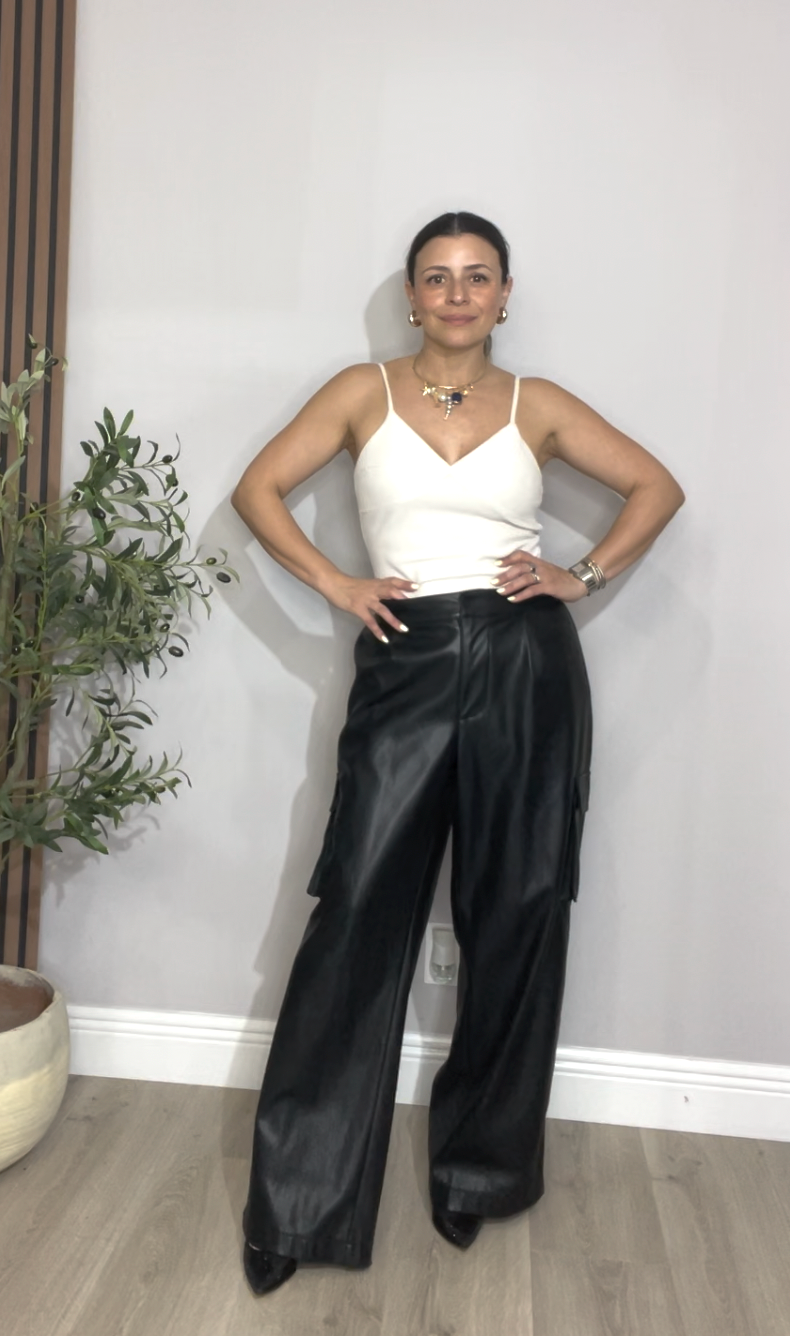 Faux Leather Cargo Trousers - 33737