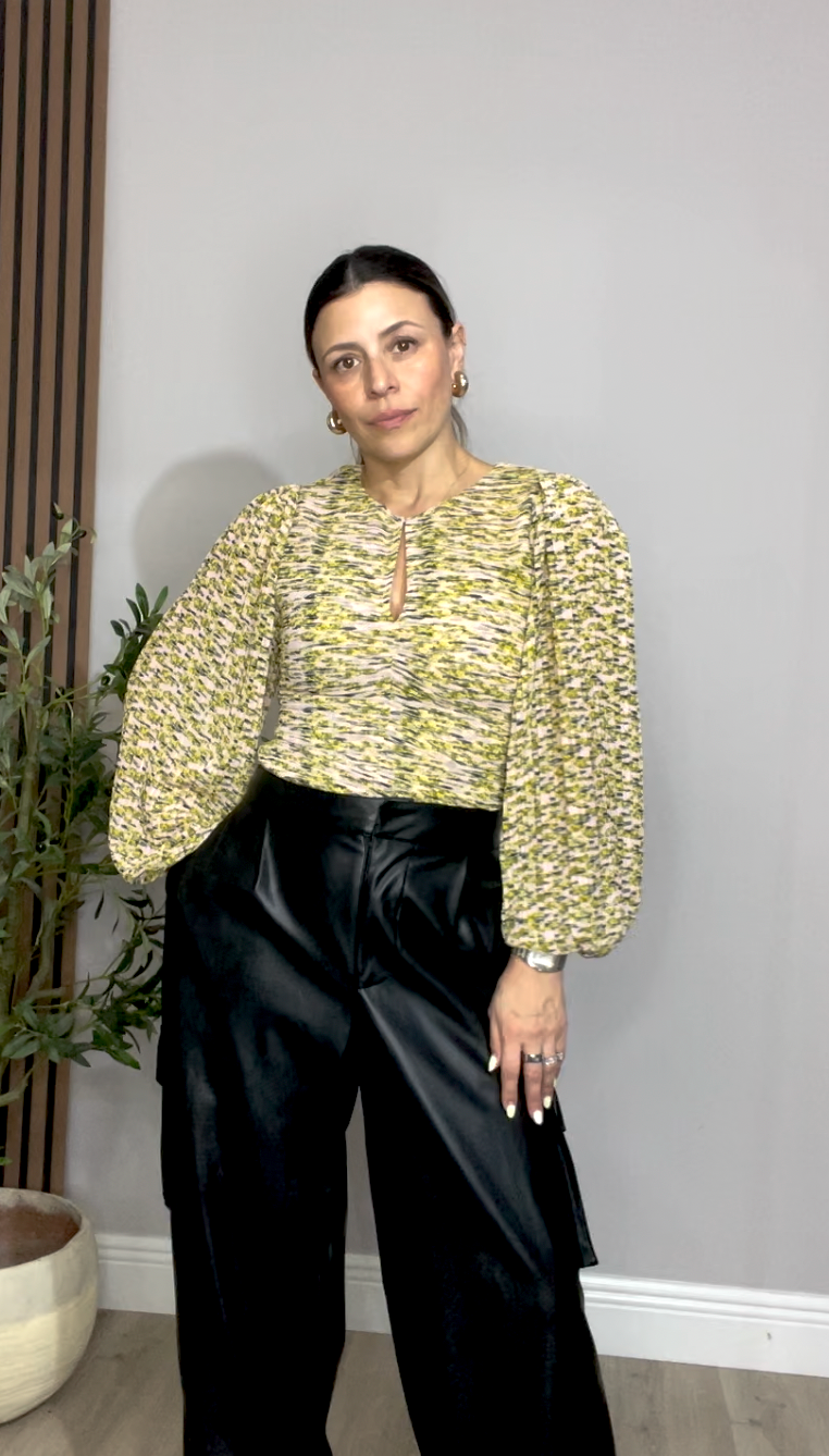 Abstract Print Blouse with Statement Sleeves - 33826