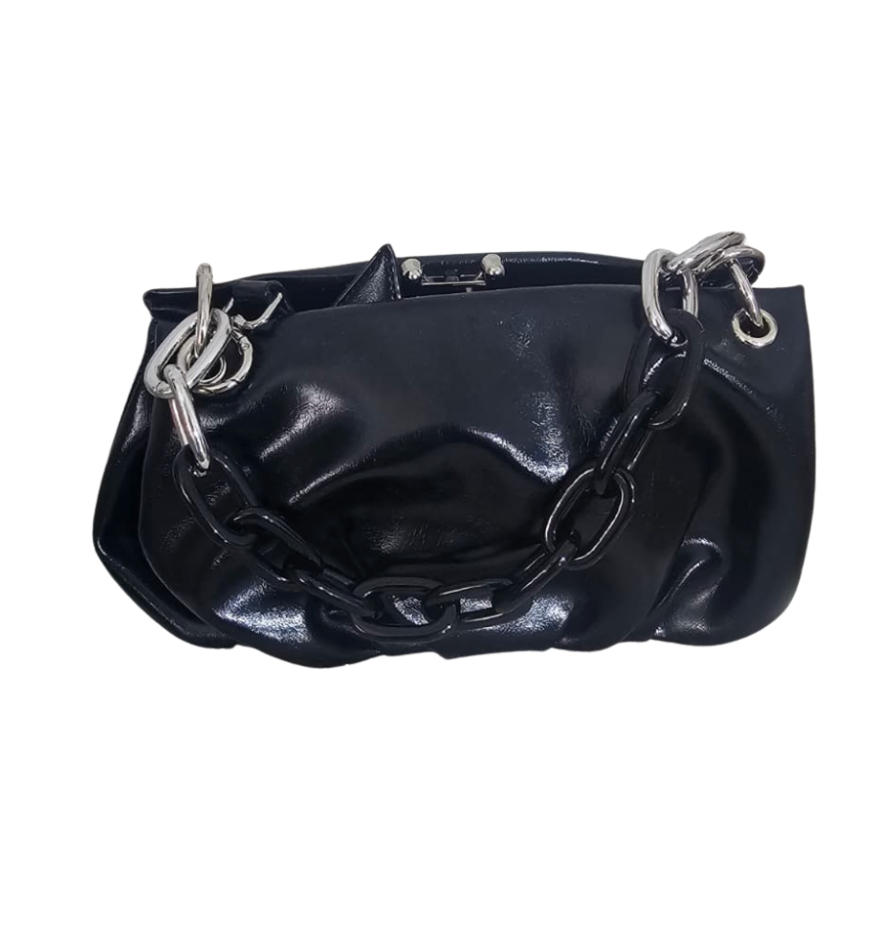 Edgy High-Shine Ruched Clutch with Mixed Chain Detail - 22333