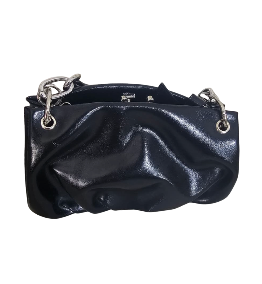 Edgy High-Shine Ruched Clutch with Mixed Chain Detail - 22333