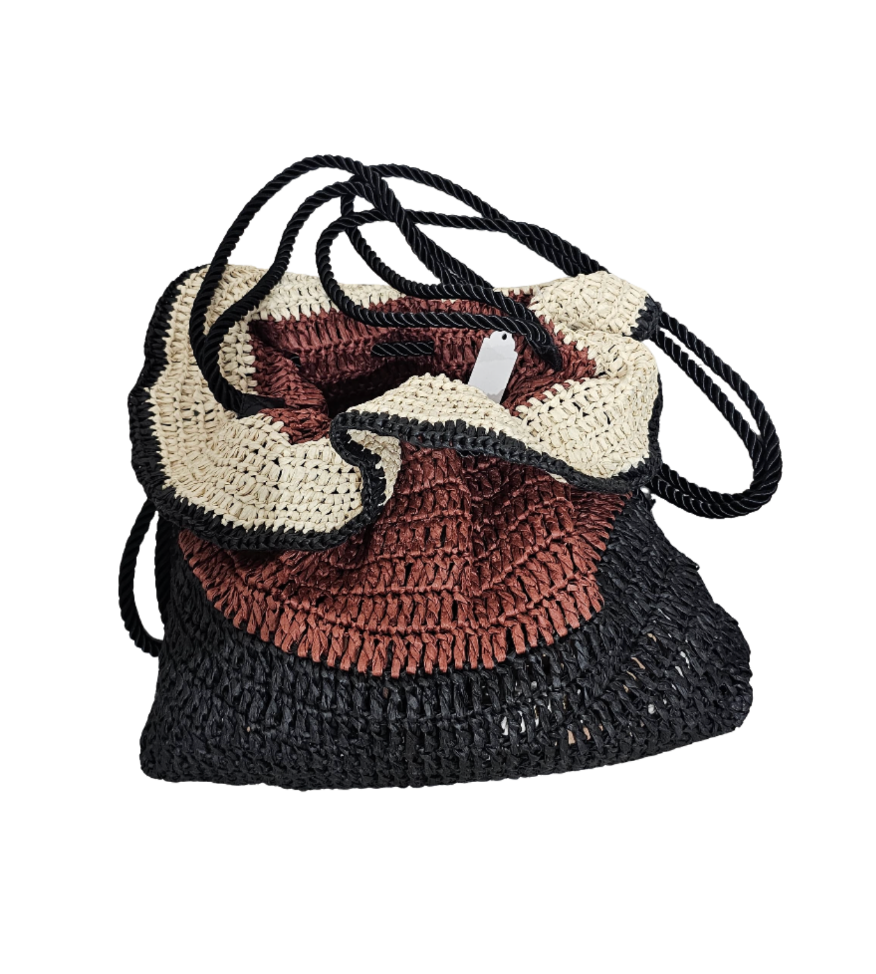 Color Blocked Woven Straw Bucket Bag - 24148