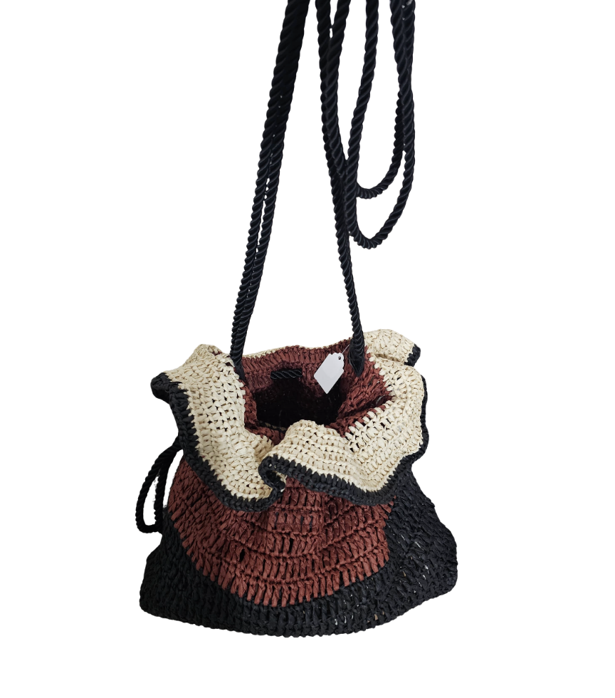 Color Blocked Woven Straw Bucket Bag - 24148