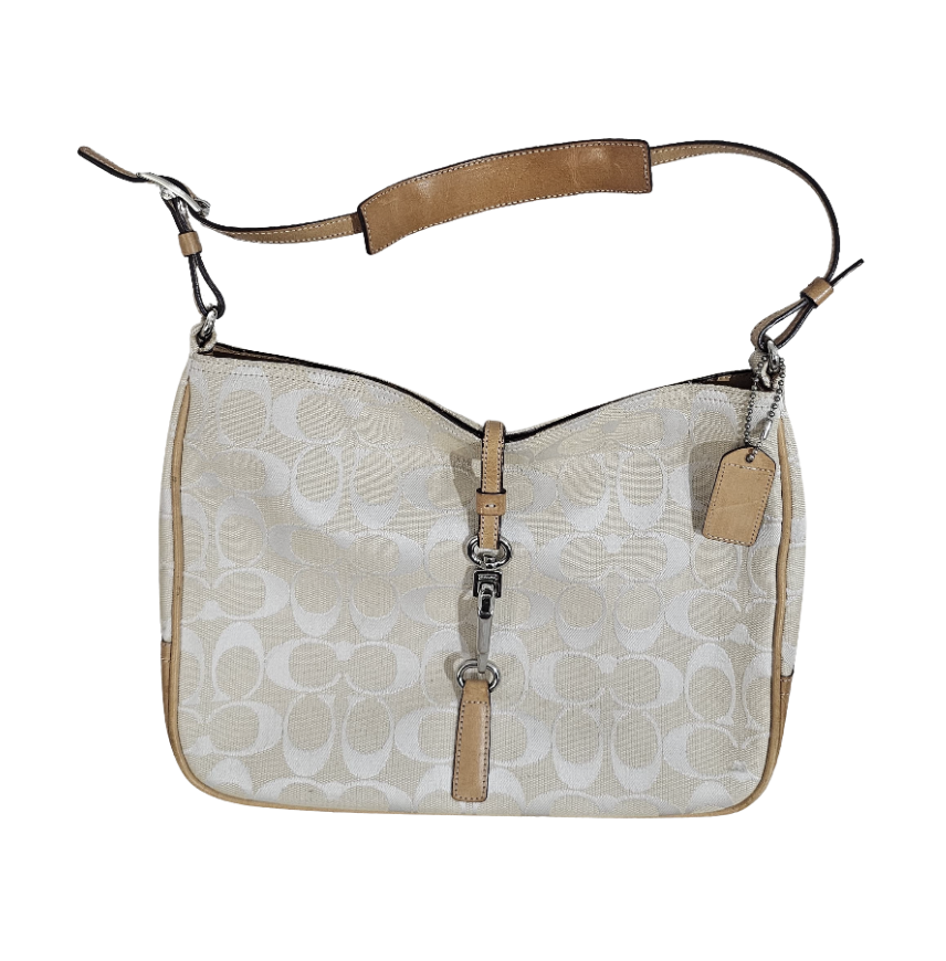 Coach Signature Jacquard Shoulder Bag - Beige and Tan - 839