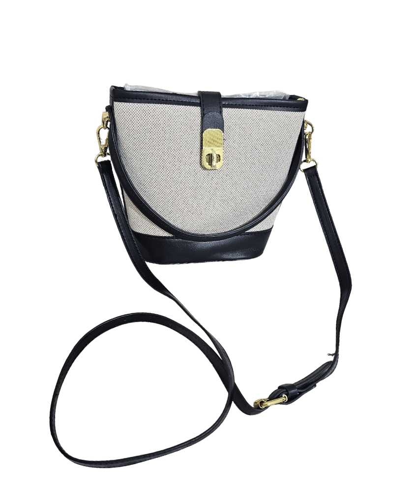 Cream Canvas &amp; Black Leather Bucket Bag - 33715