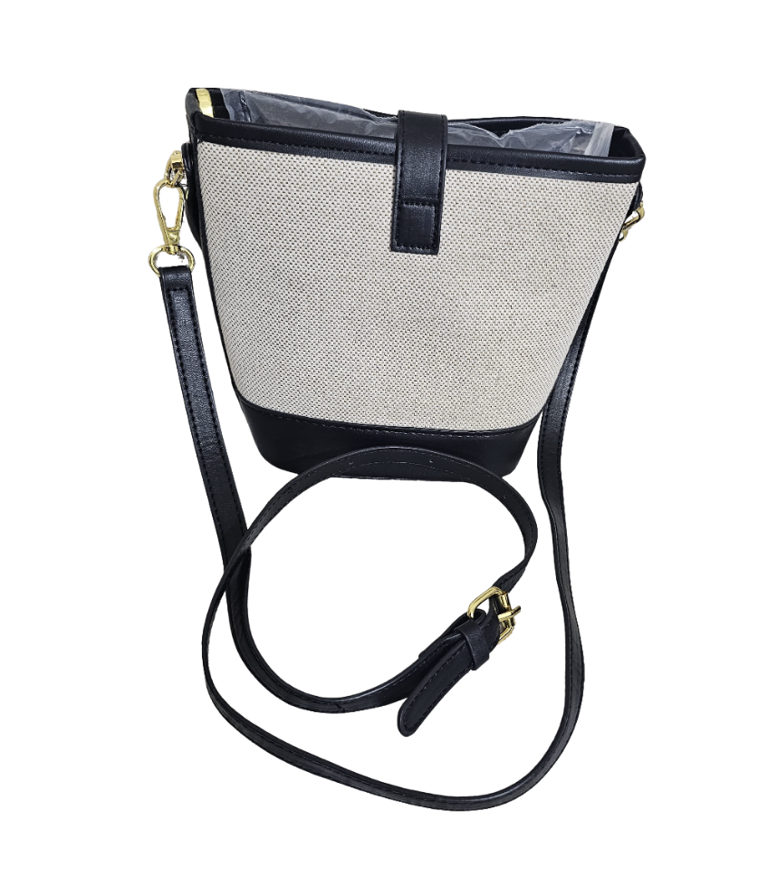 Cream Canvas &amp; Black Leather Bucket Bag - 33715