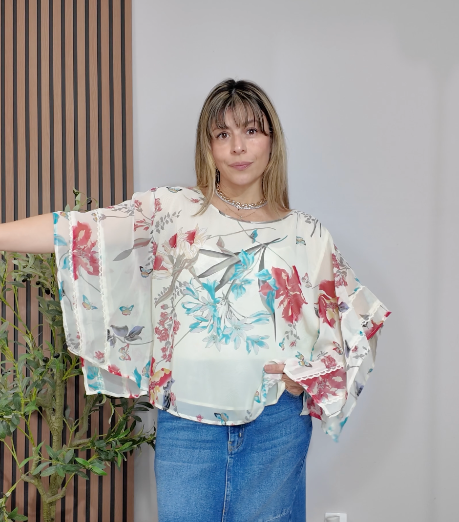 Chiffon Floral One-Shoulder Top - 33747