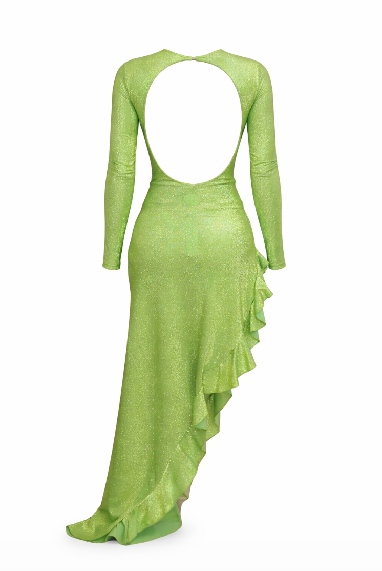 Delfi Collective Shimmering Lime Green Ruffled Maxi Gown - 33039