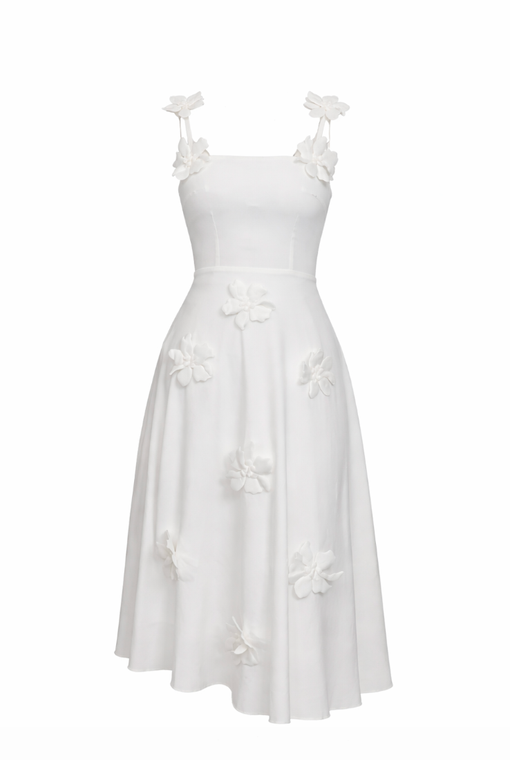 3D Floral Appliqué Midi Dress - 33910
