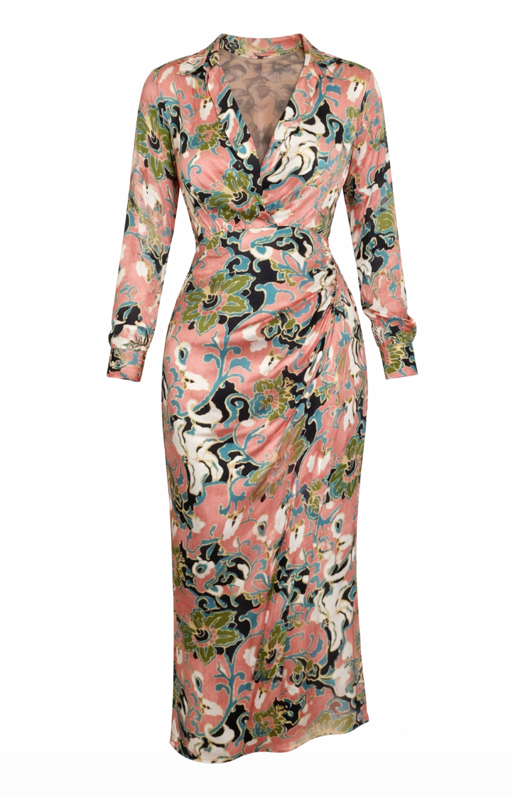 Oriental Silk Maxi Dress with V-Neck - 33330
