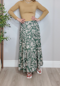 Tiered Paisley Floral Maxi Skirt in Olive - 33694