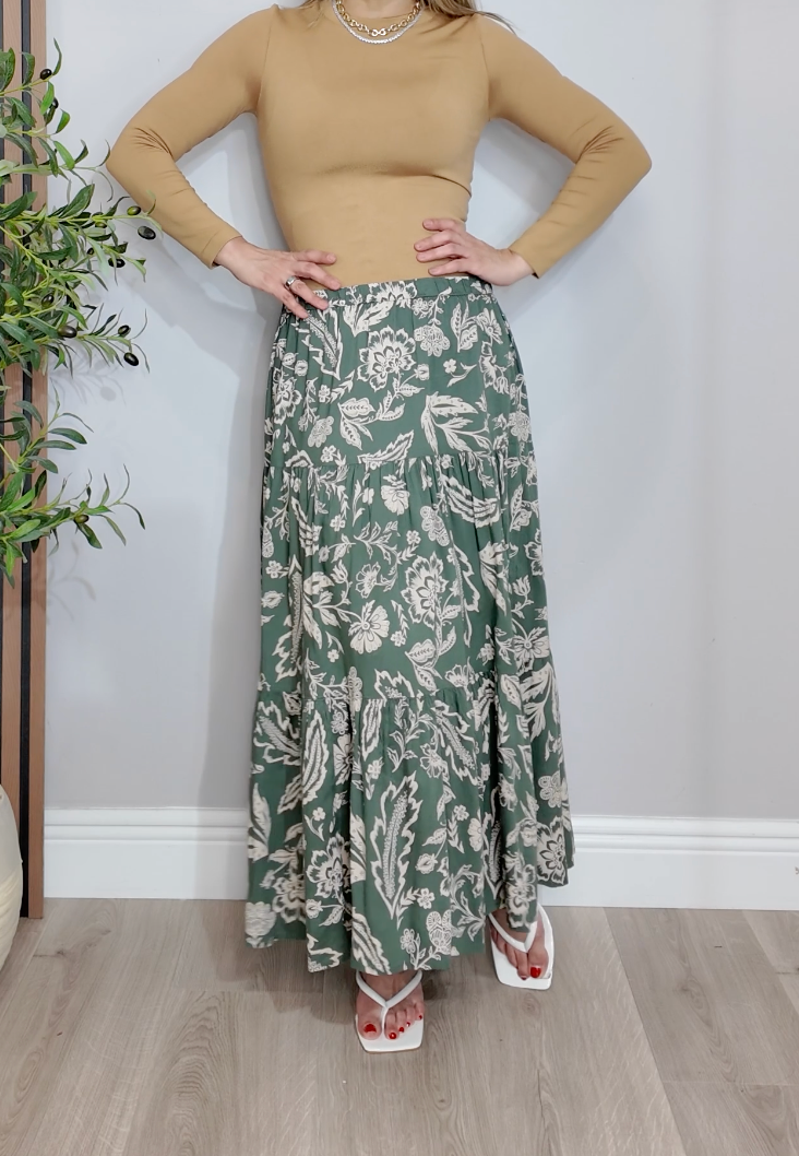 Tiered Paisley Floral Maxi Skirt in Olive - 33694