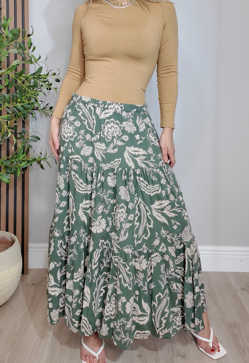 Tiered Paisley Floral Maxi Skirt in Olive - 33694
