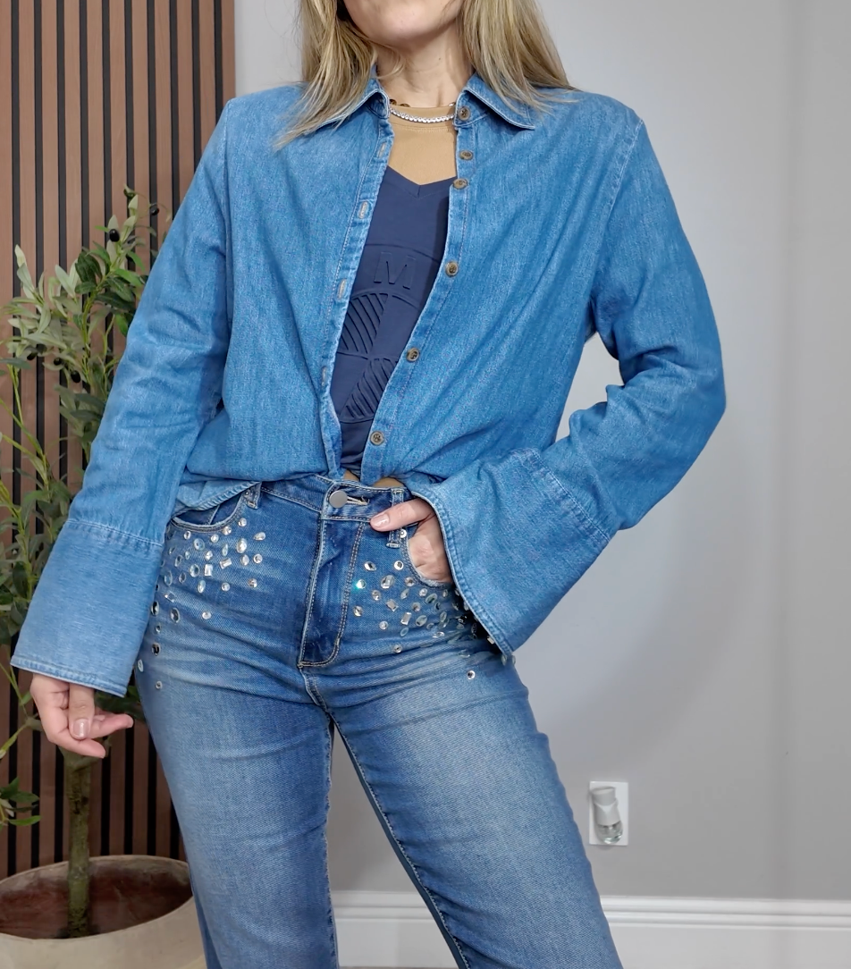 Classic Denim Button-Down Shirt with Flared Cuffs - 33852