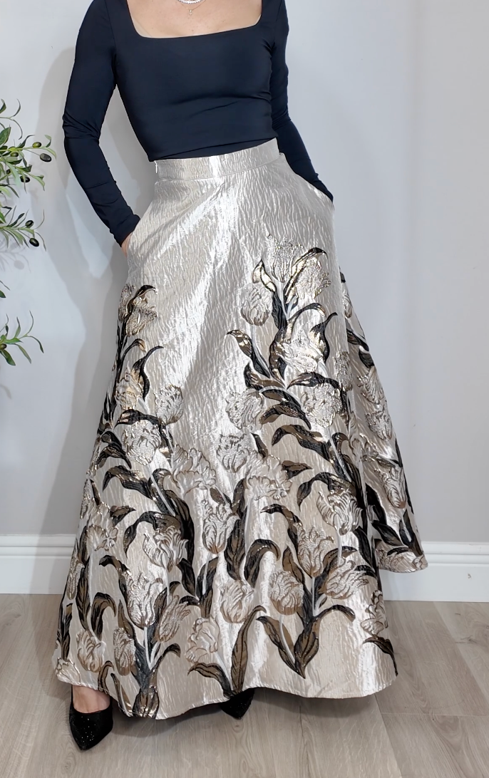 Metallic Floral Brocade Maxi Skirt - 33907