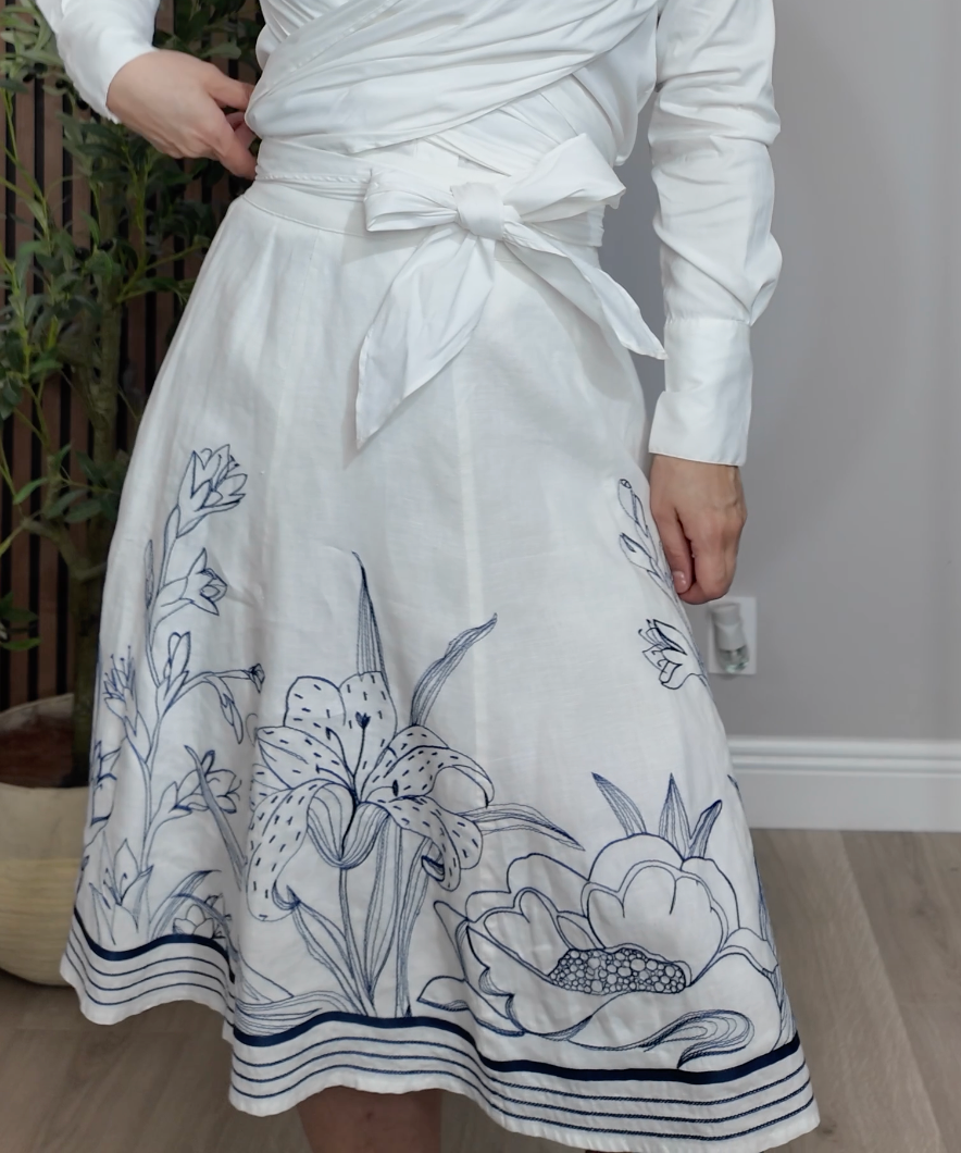 Blue Floral Embroidered A-Line Midi Skirt - 33848