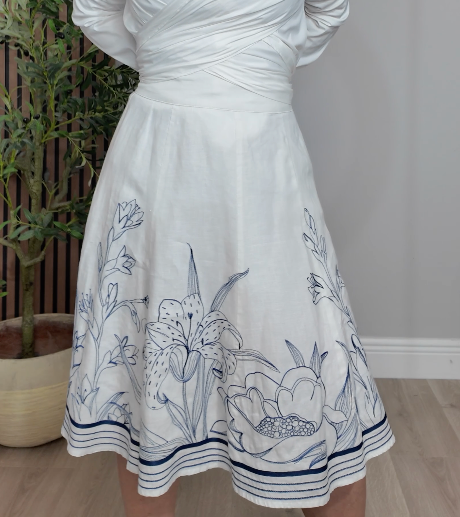Blue Floral Embroidered A-Line Midi Skirt - 33848