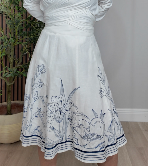 Blue Floral Embroidered A-Line Midi Skirt - 33848