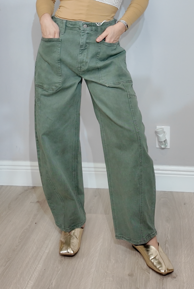 Sage Green Wide-Leg Utility Jeans - 34280