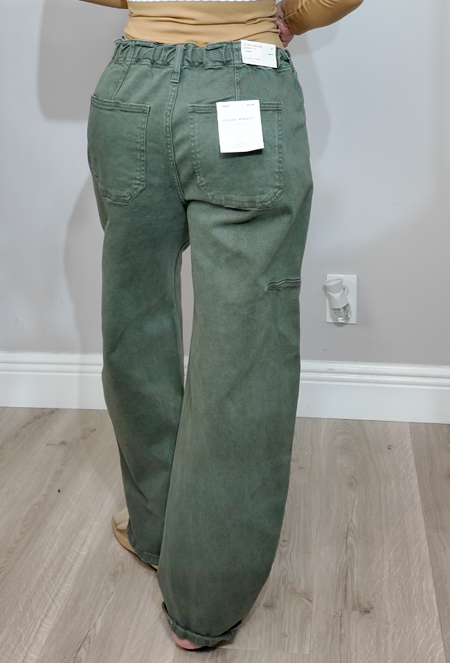 Sage Green Wide-Leg Utility Jeans - 34280