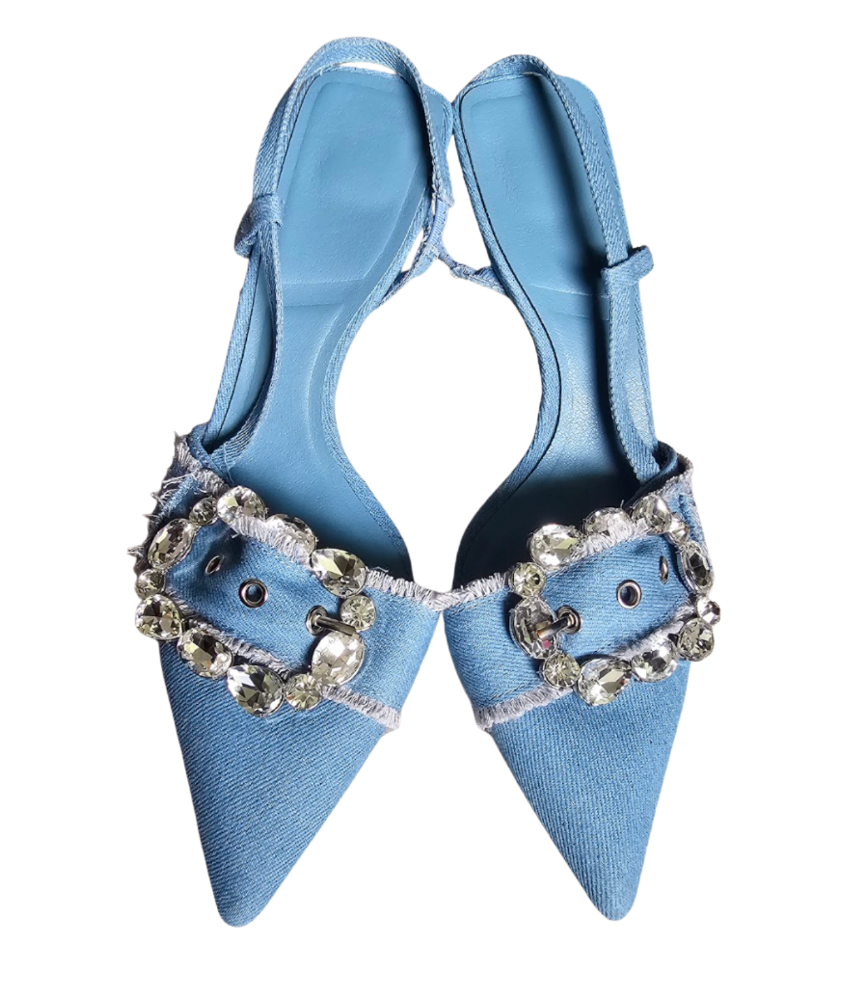 Denim Crystal-Embellished Heart Slingbacks - 34423