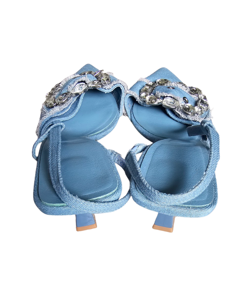Denim Crystal-Embellished Heart Slingbacks - 34423