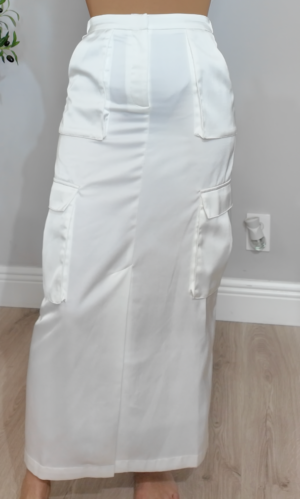 White Satin Cargo Maxi Skirt - 34330