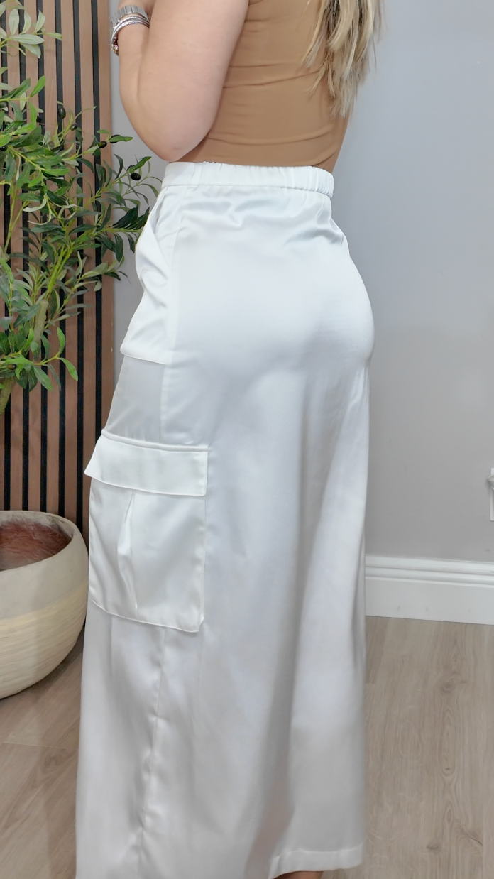White Satin Cargo Maxi Skirt - 34330