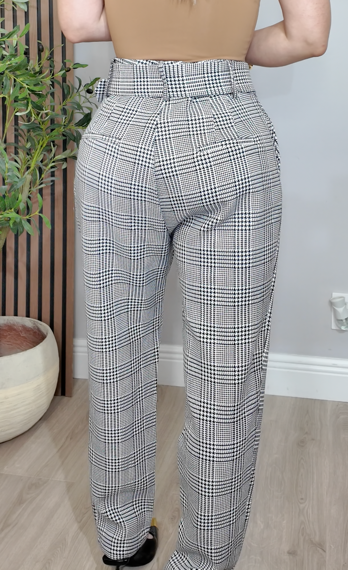 Glen Check High-Waisted Belted Trousers - 34278