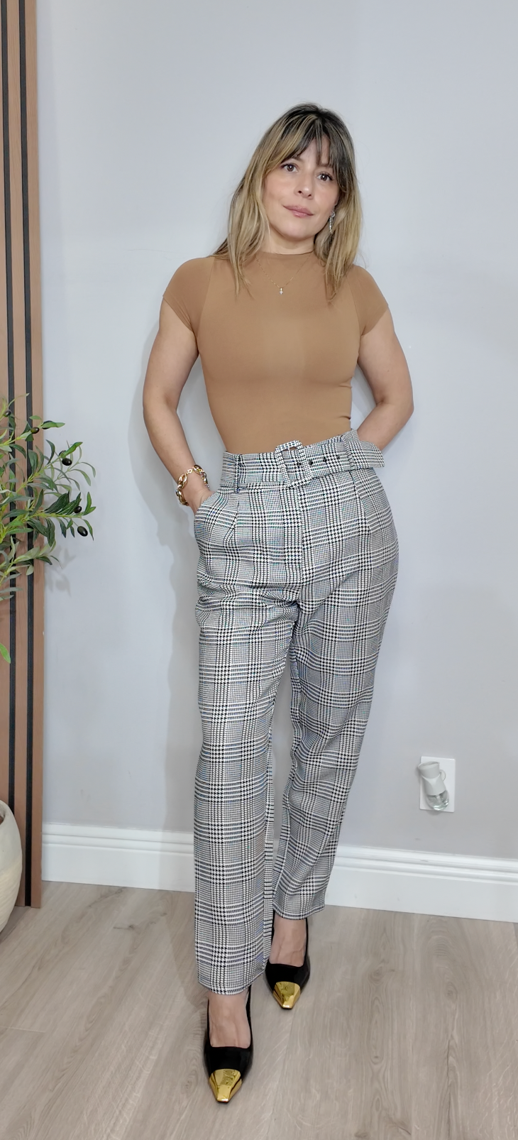 Glen Check High-Waisted Belted Trousers - 34278