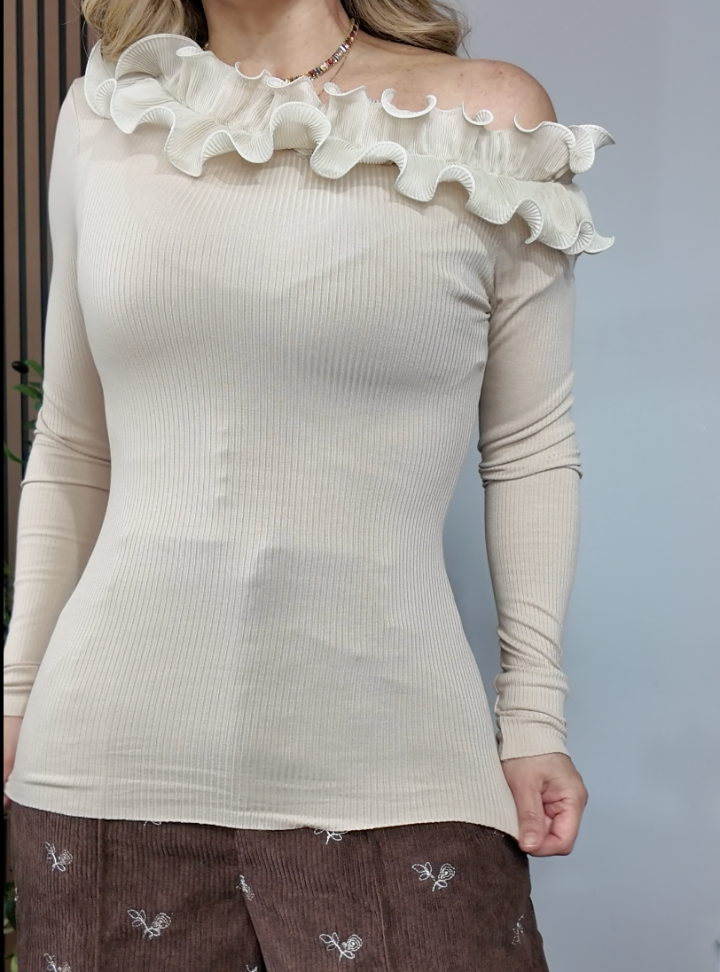 Asymmetric Ruffle-Trimmed Ribbed Blouse - 33969