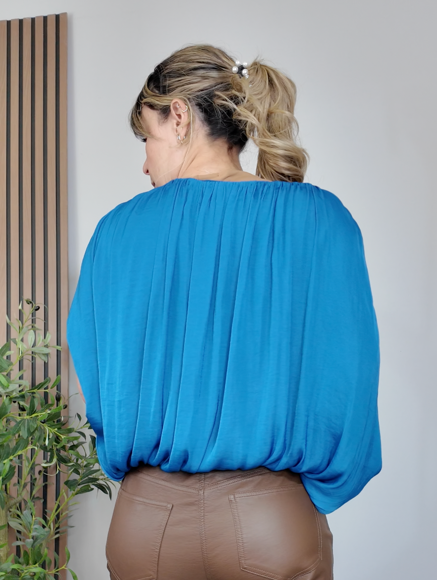 Pleated Royal Blue Cape Blouse - 34252