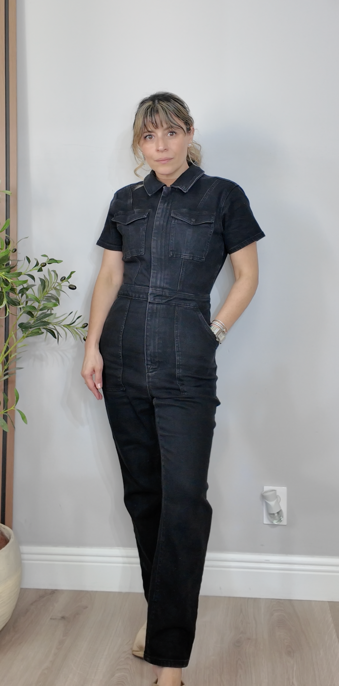 Dark-Wash Utility Denim Jumpsuit - 34405