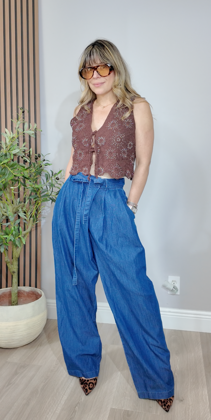 High-Rise Wide-Leg Denim Paperbag Trousers - 33462