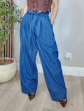 High-Rise Wide-Leg Denim Paperbag Trousers - 33462