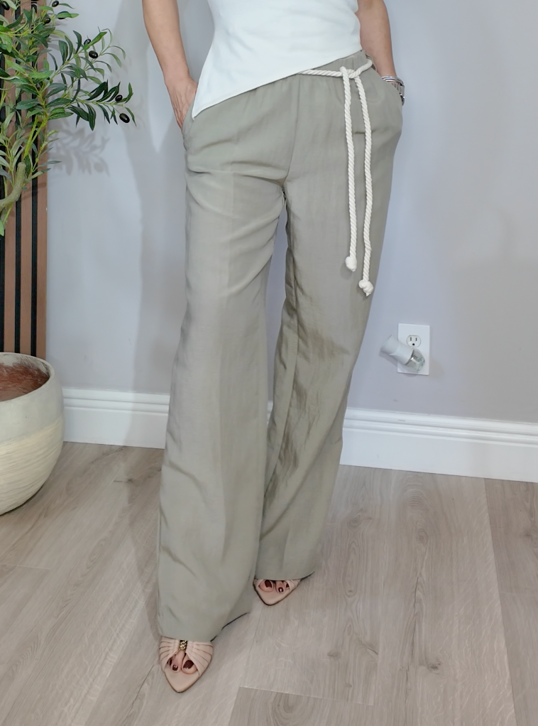 Wide-Leg Linen Trousers with Rope Bel - 34459