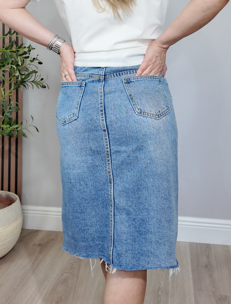 Mid-Length Distressed Denim Skirt with Front Slit - 34034