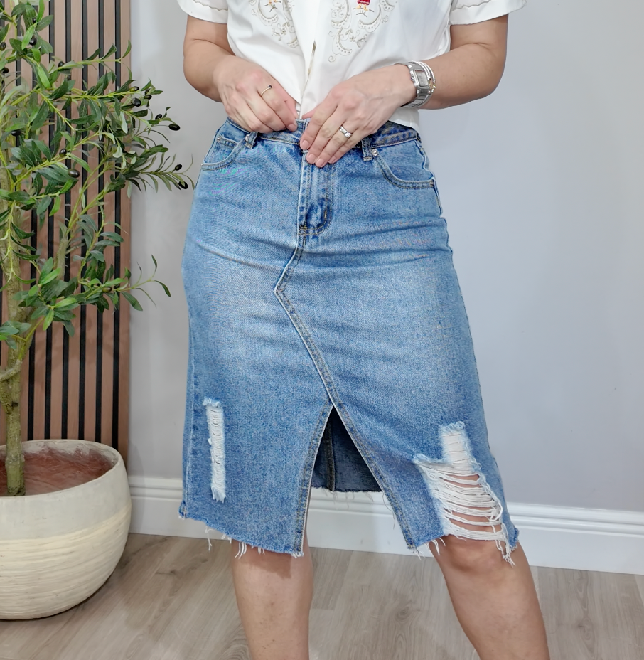 Mid-Length Distressed Denim Skirt with Front Slit - 34034
