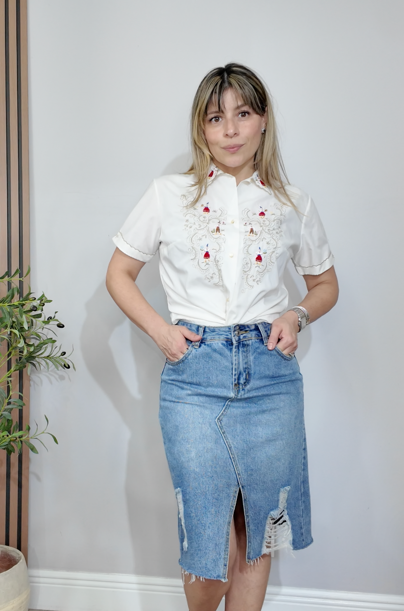 Mid-Length Distressed Denim Skirt with Front Slit - 34034