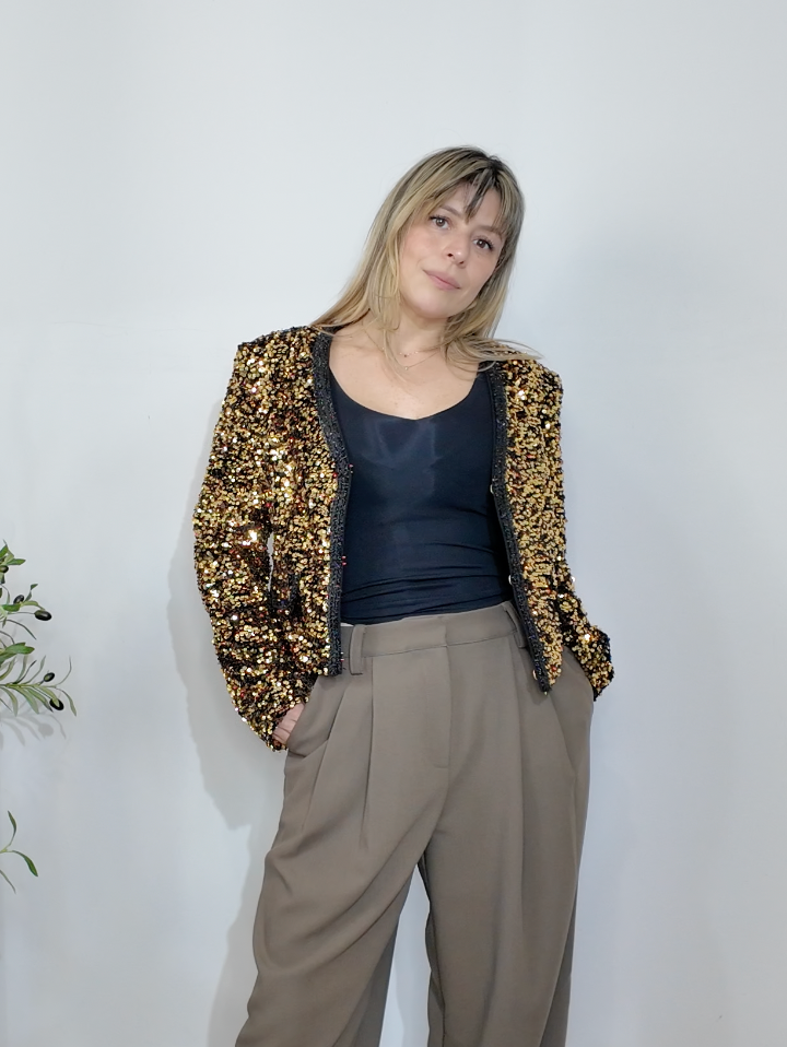 Endless Rose Sparkling Gold Sequined Cropped Blazer - 33063