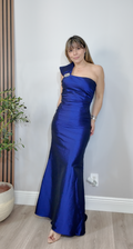 Metallic Blue One-Shoulder Gown with Embellished Bow - 34489