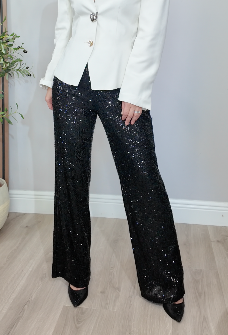 High-Waist Wide-Leg Black Sequin Trousers - 34233