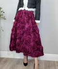 Rosette Texture 3D  Midi Skirt in Burgundy - 33927