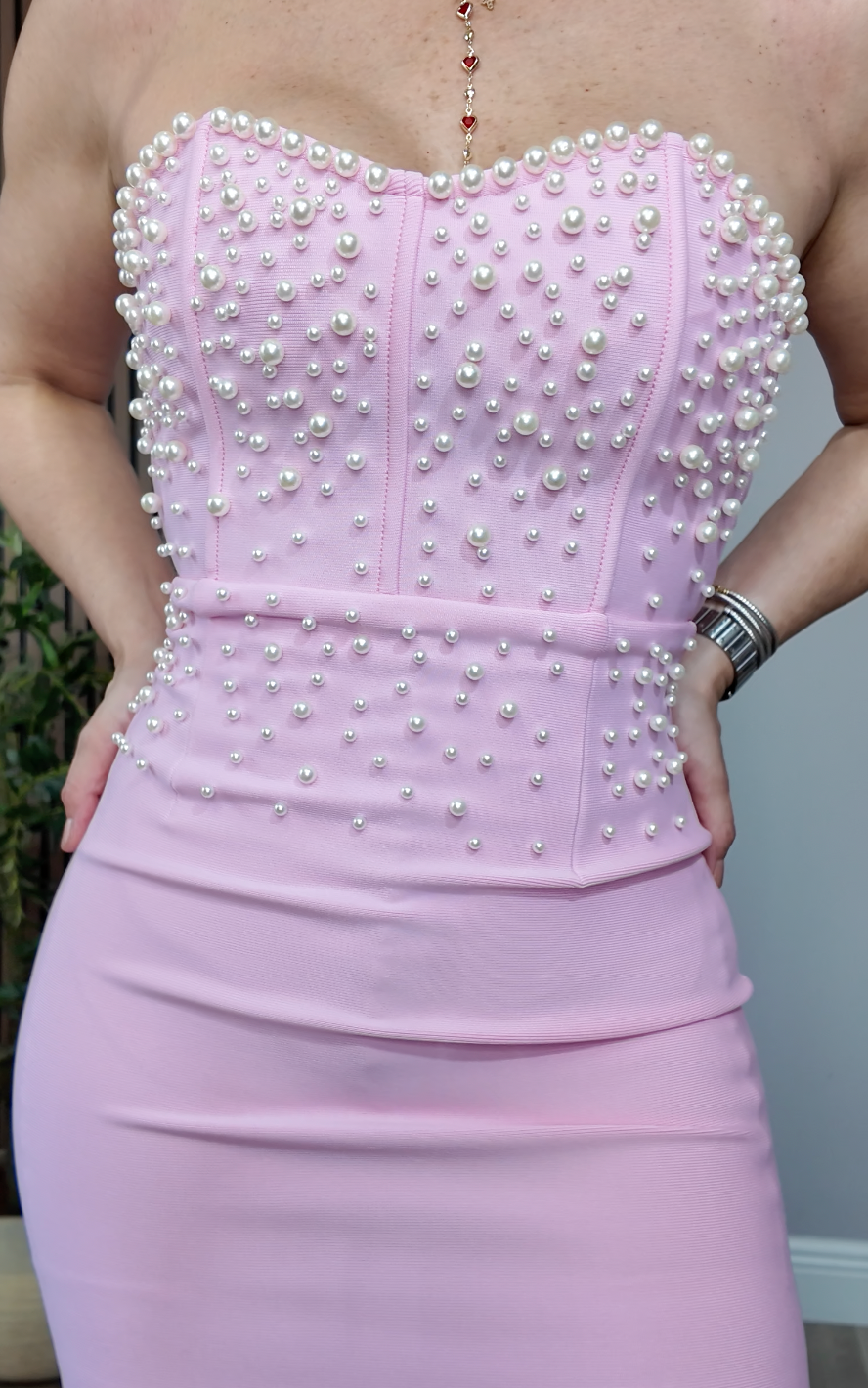 Pink Pearl-Embellished Strapless Mermaid Gown - 33913