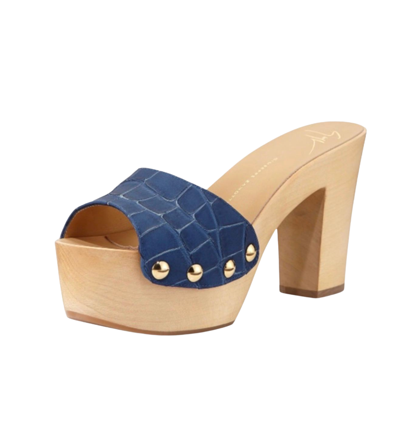 Giuseppe Zanotti Blue Croc-Embossed Wooden Platform Mules - 34563