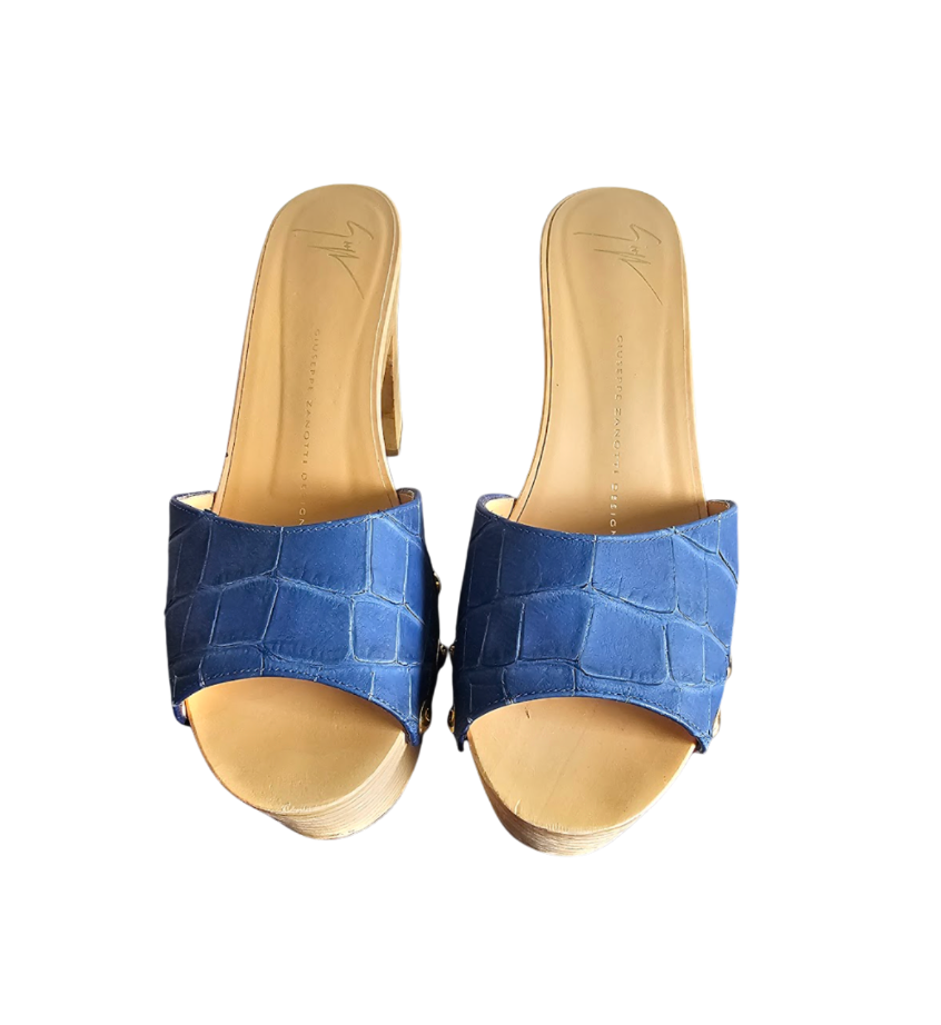 Giuseppe Zanotti Blue Croc-Embossed Wooden Platform Mules - 34563