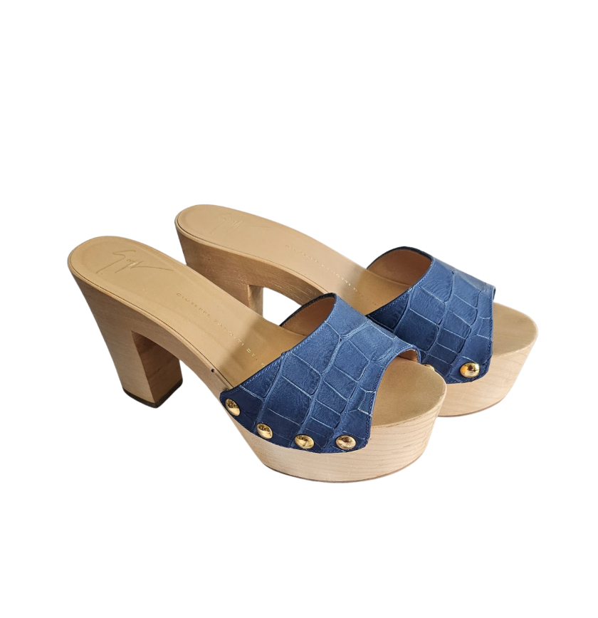 Giuseppe Zanotti Blue Croc-Embossed Wooden Platform Mules - 34563